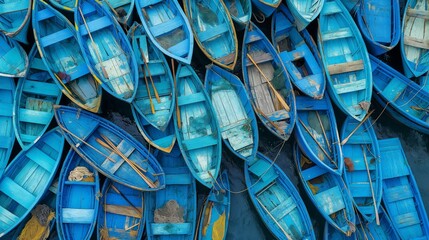a bunch of blue boats lined up together on a body of water - obrazy, fototapety, plakaty
