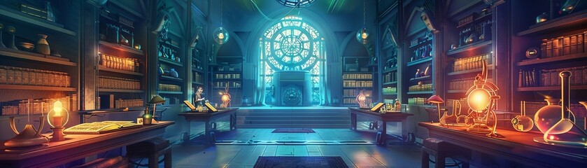 Futuristic alchemist guild, hightech lab with ancient texts, ambient light, wide interior, mystical