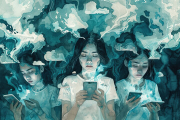A painting depicting three young girls staring at their smartphones intently, each absorbed in their digital world - obrazy, fototapety, plakaty