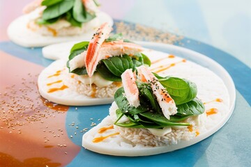 Open sandwiches with spinach and crab meat on rice cakes