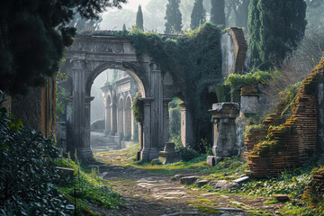 A serene, ancient ruin with overgrown vegetation, stone arches, and columns bathed in soft light amidst a lush green landscape