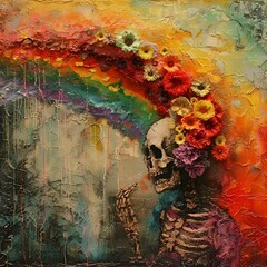 the art work of the skeleton and flower head is bright