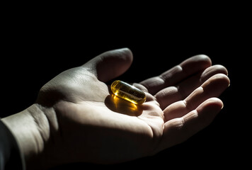 a hand holding a golden, illuminated capsule against a dark background, emphasizing its translucency and glow.