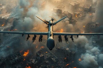 An intense image depicting a military drone flying above a war-torn city with fires and destruction below