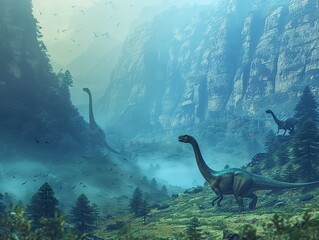 A hidden valley where dinosaurs still roam, shrouded in mist and untouched by time, observed only by the bravest of modern explorers,  - obrazy, fototapety, plakaty