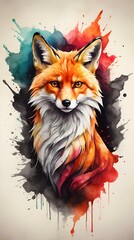 an orange fox with black eyes is depicted in the watercolor splashs