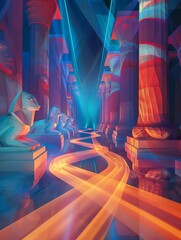 A labyrinth made of light, where paths are drawn from beams that bend and twist, leading seekers to treasures of knowledge guarded by luminous sphinxes, 