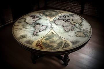 A vintage table with a world map design, ornate details, in a room with brick walls, casting a rustic ambiance