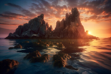 A breathtaking sunset illuminates rocky formations amidst serene waters, casting a warm glow and reflecting vibrant hues