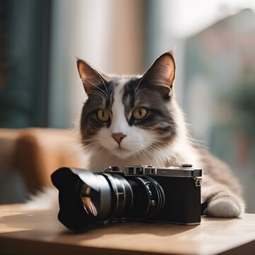 a cat lying on the edge of a desk holding a camera