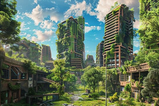 A postapocalyptic sanctuary where nature reclaims urban ruins, with a community living in harmony among overgrown skyscrapers and wild 