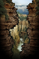 A canyon with layered rock walls, a river below, and greenery atop under a cloudy sky