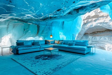 AI generated illustration of the interior of an ice cave with with blue furniture