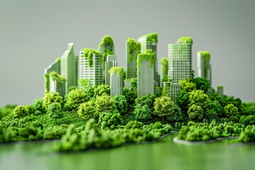 Fototapeta premium A cityscape with tall buildings and green trees in cartoon model style