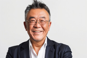Portrait of old healthy, cheerful handsome middle aged Asian man smiling and looking at camera with white background. Happy aging society, retirement, teeth, health and senior healthcare concept