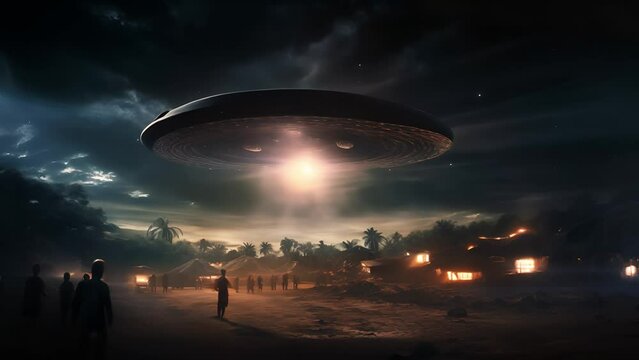 Flying saucer hovering over the forest at night. Alien UFO. Extraterrestrial life, Space travel, Spaceship	
