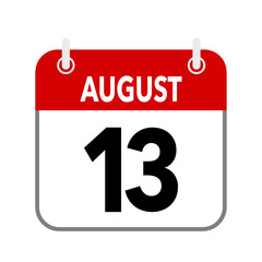 13 August, calendar date icon on white background.