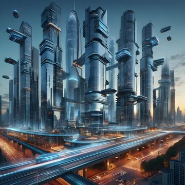 An ultra-modern cityscape at dusk