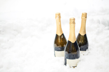Three bottles of champagne in the snow