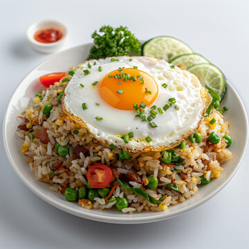 Typical Indonesian fried rice with sunny side up egg, served on a white plate, taken with professional photography style, white background