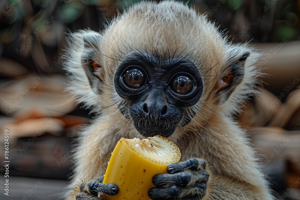 Canvas Prints AI generated illustration of a monkey gripping an orange fruit with its face visible