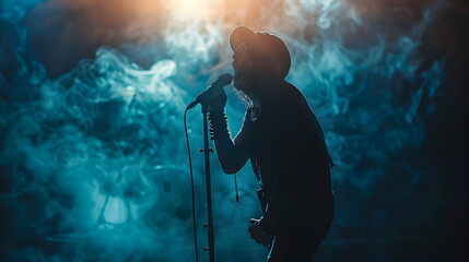 Silhouetted singer with microphone on stage amidst a loving couple enjoying wine at a concert in event music festival