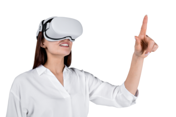 A woman in a white shirt wearing virtual reality goggles, pointing upwards, isolated on a white background, concept of modern technology
