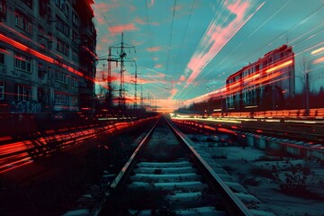 AI generated illustration of a red train traveling through urban tracks