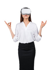 A woman in business attire wearing a VR headset, performing a meditative pose, isolated on a white...