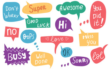 Cartoon colorful speech bubble with handwritten short text hi, sorry, busy, miss you, super. Talk bubble box. Speak balloon. Communication, dialog, feedback vector symbols. Vector illustration.