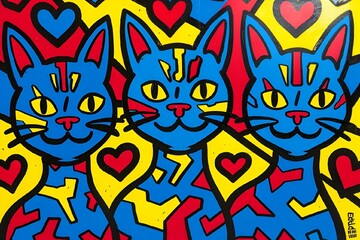 AI generated illustration of three cartoon cats in hearts and squares on a vibrant backdrop