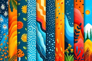 AI generated illustration of vibrant seam patterns in diverse shapes in a woodland setting