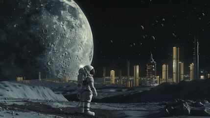 A man in a spacesuit stands on the surface of a planet. The planet is surrounded by a city and a large moon. The image has a futuristic and otherworldly feel to it