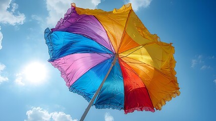 a colorful umbrella with a sun shining behind it's canopy