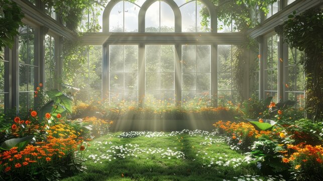 Fantasty Green fairy tale botanical garden fantasy greenhouse design, lovely greenhouse with flowers