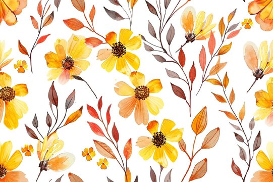 a pattern of yellow and orange flowers on white background - stock photo