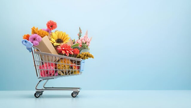 Shopping trolley with flying flowers. Flowers delivery. Sale, Shopping for the holidays, Mothers day, Women's day, Valentines day or birthday	