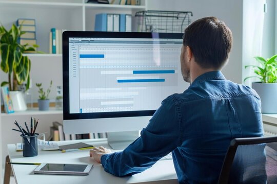 Businessman looking at Gantt chart on computer screen for scheduling report online