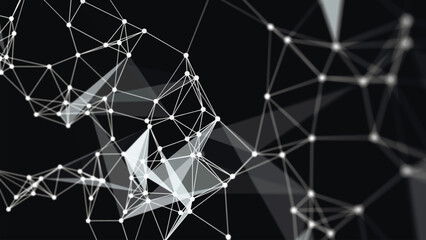 Abstract digital connection, moving dots and lines. Black and white technology background. Network connection structure. Digital background. Polygonal space. 3D vector illustration.