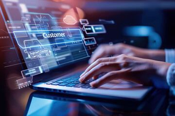 Chatbot conversation assistant. Person using online customer service with chat bot to get support. Artificial intelligence and CRM software technology, customer support center, CONTACT US