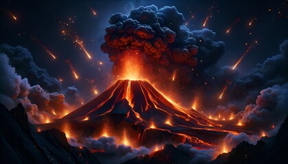 Dramatic volcanic eruption at night, with lava flows and a dark smoke plume against a fiery sky. - obrazy, fototapety, plakaty
