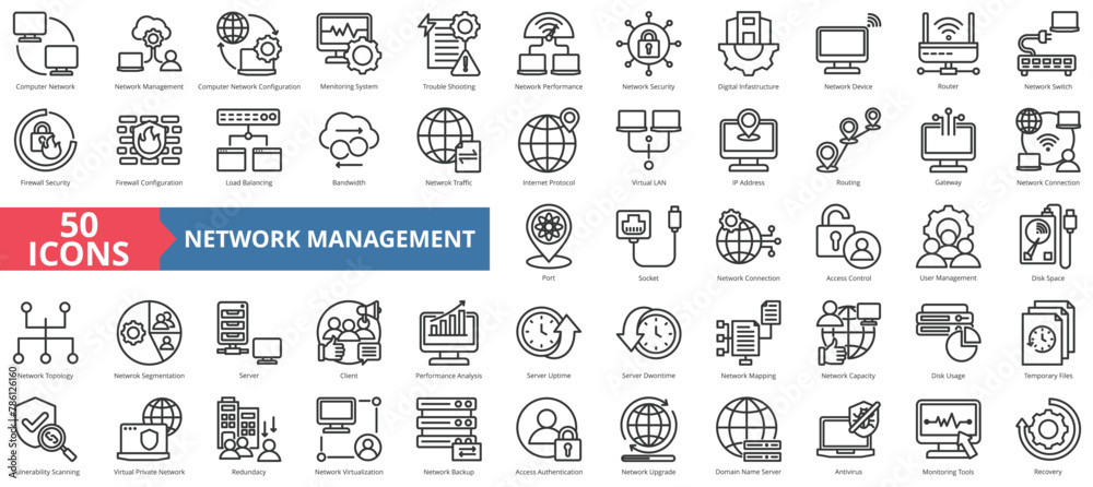 Poster Computer network icon collection set. Containing management, configuration, monitoring system, trouble shooting, performance, security, digital infrastructure icon. Simple line vector.