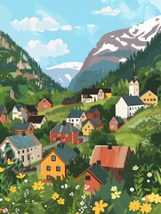 Illustration of sea town with mountains and florals, AI generated