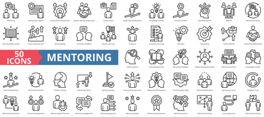 Mentoring icon collection set. Containing program, professional development, mentee relationship, career advice, leadership, knowledge sharing, personal growth icon. Simple line vector.
