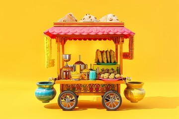 A food cart with a background in Indian style.