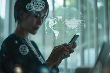 A woman is actively engaging with her cell phone which displays a world map on the screen, showcasing digital connectivity. - 786126191