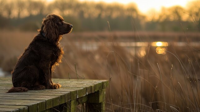 A working cocker spaniel in chocolate brown was on the boardwalk at Thursley Heath Surrey during the winter evening sunset