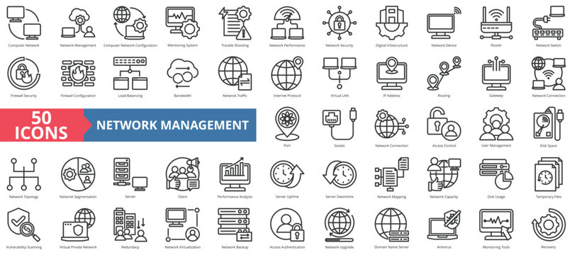 Computer network icon collection set. Containing management, configuration, monitoring system, trouble shooting, performance, security, digital infrastructure icon. Simple line vector.