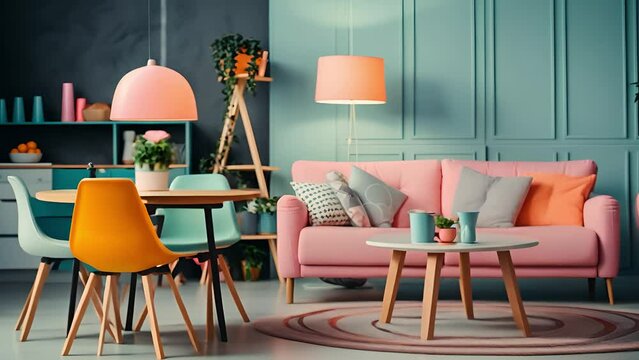 Modern colorful chairs at the dining table under a pastel lamp in the living room interior with pillows on a settee against a wall with a poster	