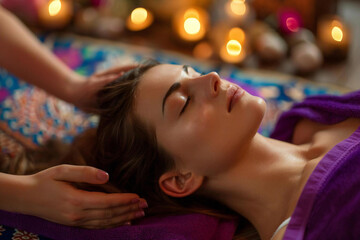 Therapist providing healing massage therapy for woman using Reiki energy